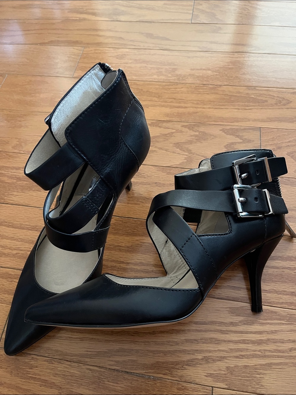 MICHAEL Michael Kors Black Pointed Leather Strappy Heels with Buckle Accents